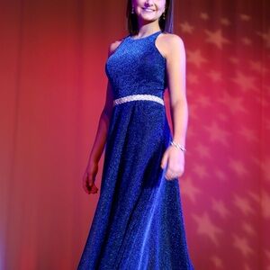 Jovani Royal Blue Maxi Dress with Gold Accents